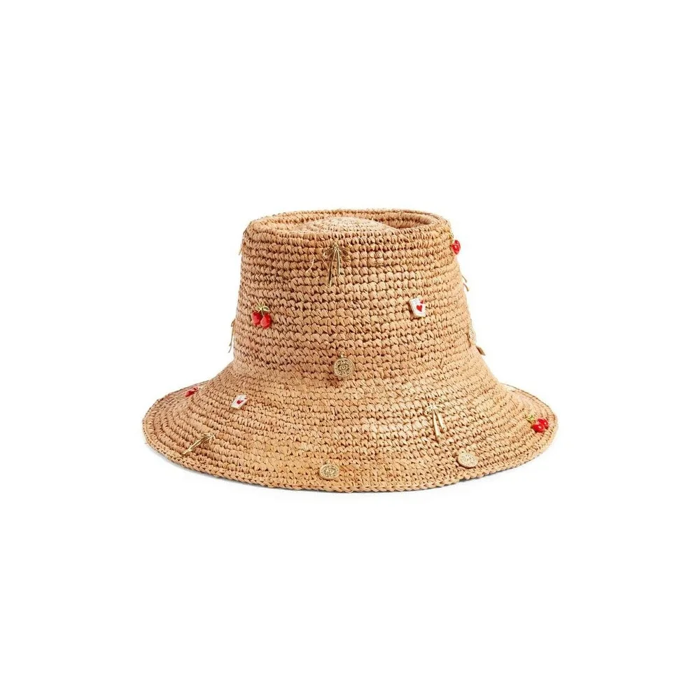 Aqua Bucket Hat Tan Raffia One Size New $98